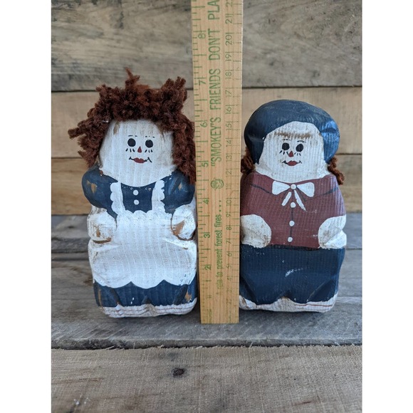Vintage Set of two Wooden Block Primitive Folk Art Rag Dolls - Picture 9 of 10
